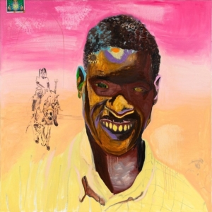 Sunshine Man. 2020. Oil, found object, glitter on canvas. 60x60